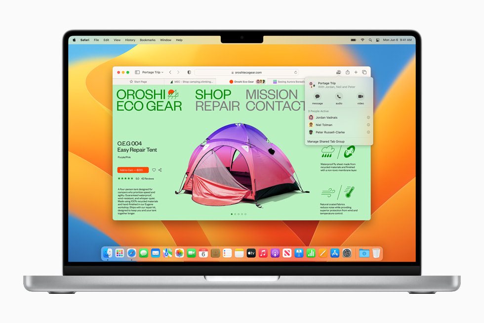 หน้าต่าง Safari แสดงคุณสมบัติกลุ่มแถบที่แชร์แบบใหม่