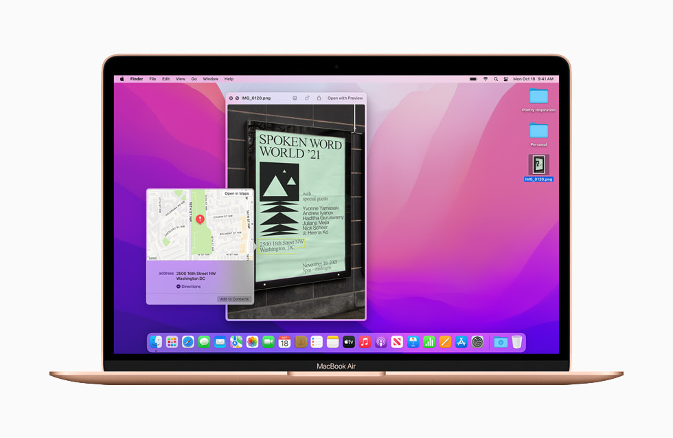 Una MacBook Air con macOS Monterey usando las nuevas funcionalidades inteligentes Texto en Vivo y Consulta Visual para mostrar la información de una imagen.
