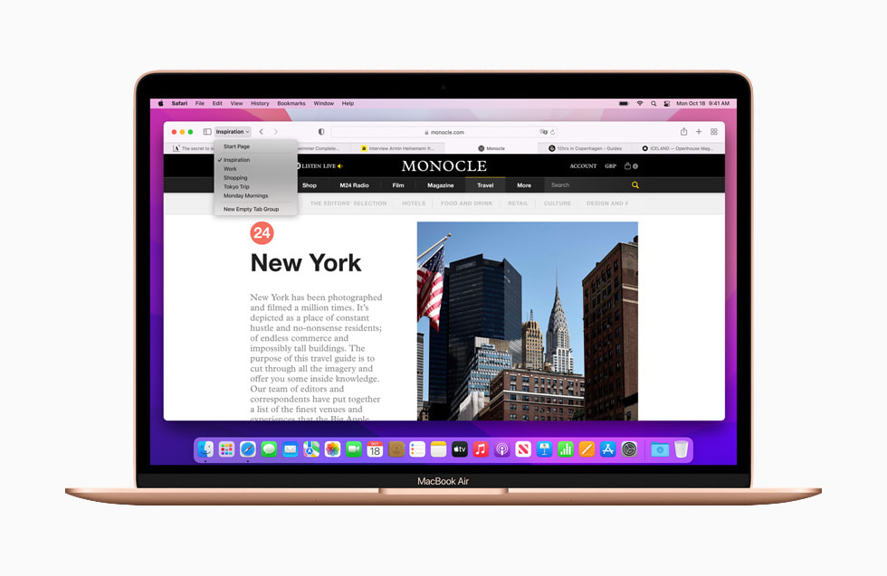 安裝 macOS Monterey 的 MacBook Air 使用 Safari 中的「標籤頁群組」。