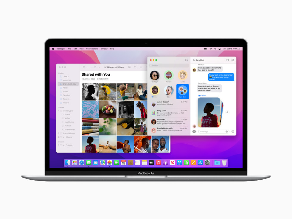 macOS Monterey bruger Delt med dig til at dele medier via Beskeder på en MacBook Air.