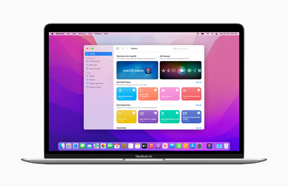 macOS Monterey using Shortcuts on a MacBook Air.