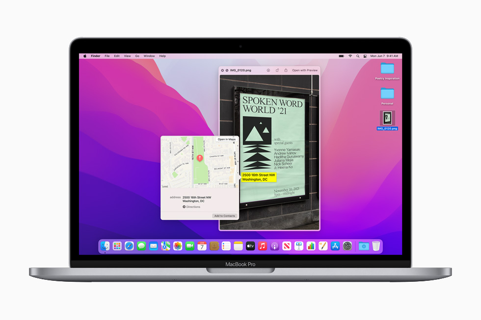 macOS Monterey 中的「原況文字」和「圖像查詢」功能，呈現在 13 吋 MacBook Pro 上。