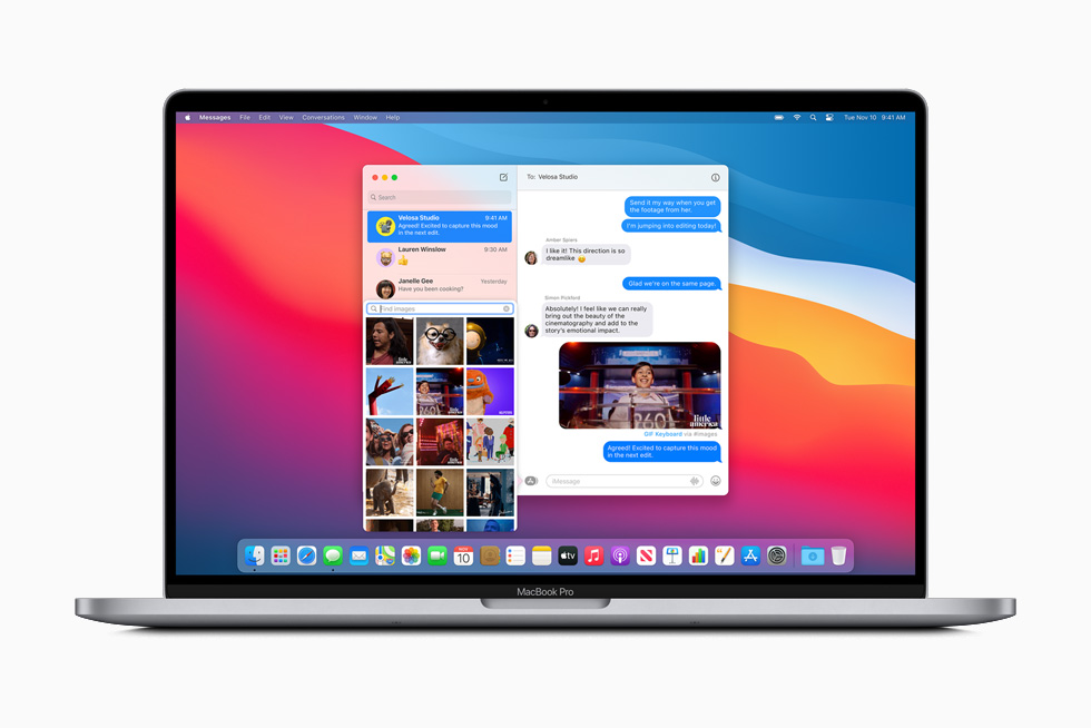 A photo shared to a group via Messages is displayed on MacBook Pro.