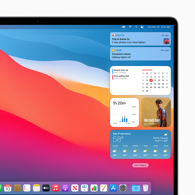 Redesigned widgets displayed on MacBook Pro.