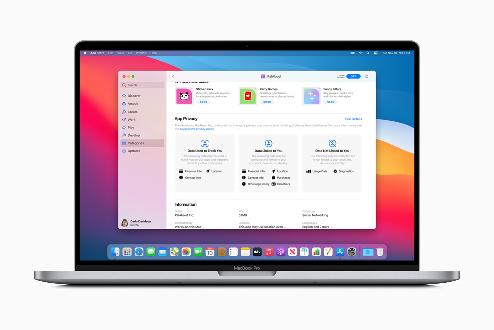 Informatie over het privacybeleid van de app Pal, weergegeven op een MacBook Pro. 