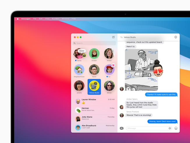 Des conversations épinglées dans Messages affichées sur le MacBook Pro.