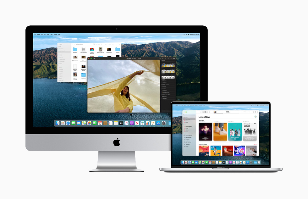 Il design spazioso di macOS Big Sur visualizzato su Mac e MacBook Pro. 