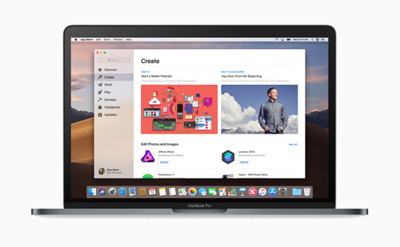 MacBook Pro 데스크탑에 표시된 새로운 Mac App Store의 창작 페이지