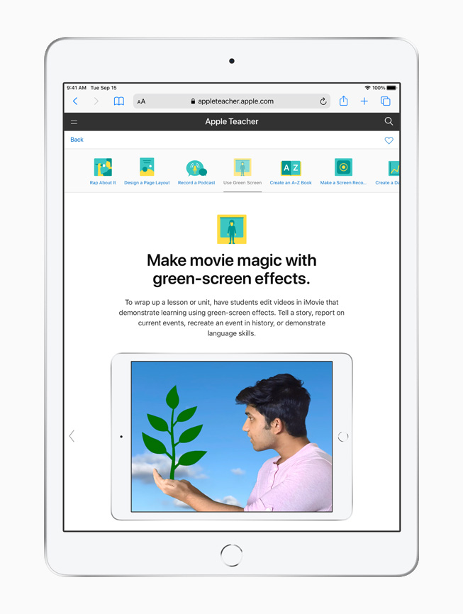 Clase con efectos de pantalla verde en Apple Teacher Portfolio, en un iPad.