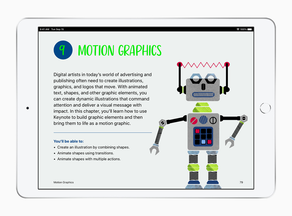 A motion graphics lesson from the Everyone Can Create project guides, displayed on iPad.