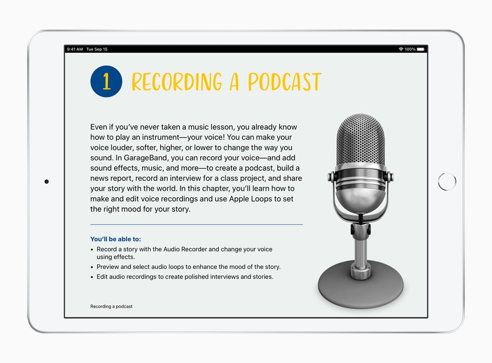 A podcasting lesson from the Everyone Can Create project guides, displayed on iPad.