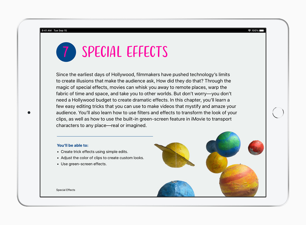 A special-effects lesson from the Everyone Can Create curriculum, displayed on iPad.