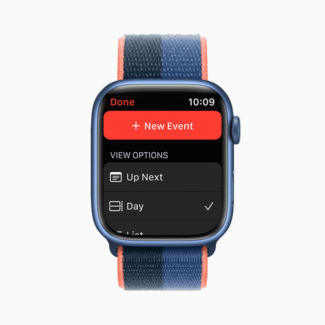 The updated Calendar app is shown on Apple Watch Series 7, with a new event being created.