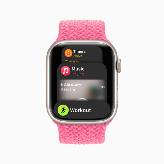 Omdesignede Dock viser nylig brukte apper på Apple Watch Series 7, blant annet Nedtellinger, Musikk og Trening.