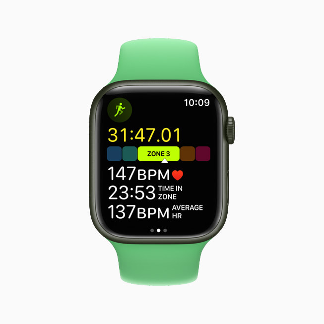 Un Apple Watch Series 7 muestra Zonas de Frecuencia Cardiaca.