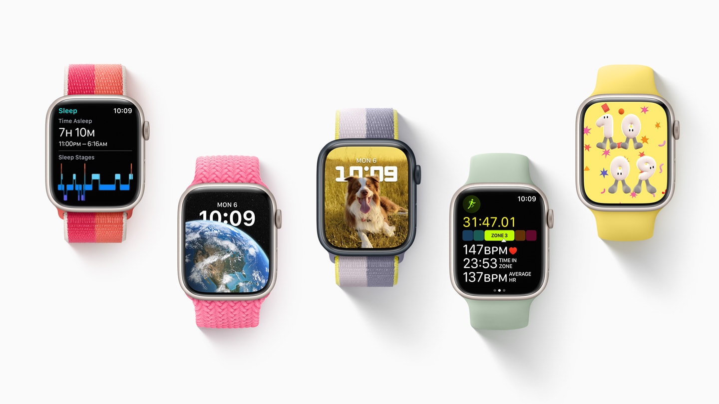 Fem forskjellige Apple Watch Series 7-enheter viser nye urskiver og funksjoner.