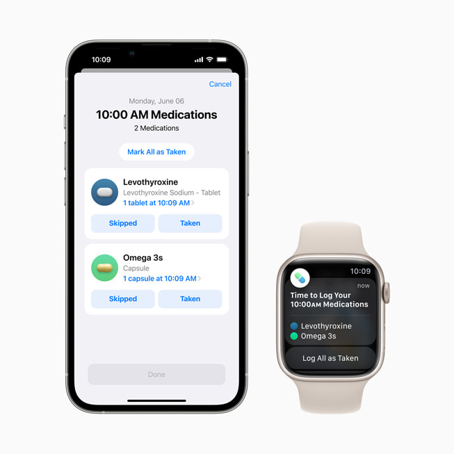 A list of medications is displayed on iPhone 13 Pro, and a medication schedule alert is displayed on Apple Watch Series 7.