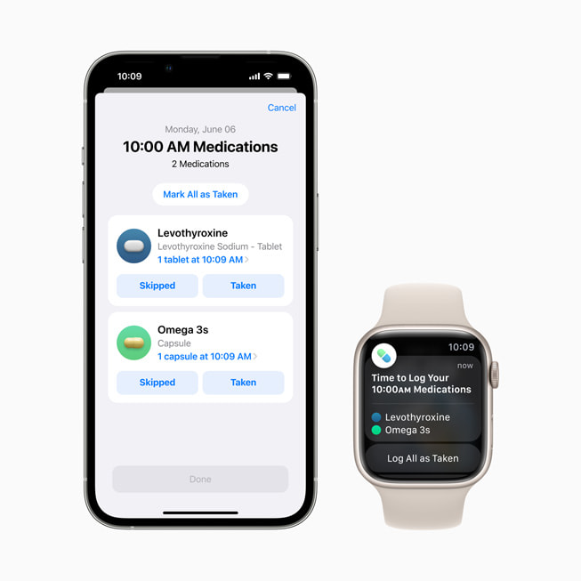 En liste over medicin vises på iPhone 13 Pro, og en advarsel om medicinskema vises på Apple Watch Series 7.