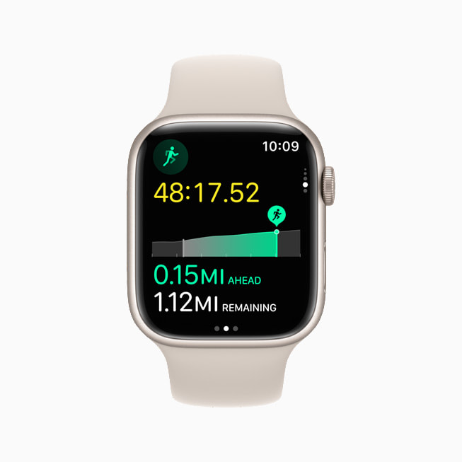 Apple Watch Series 7 displays a pace alert.