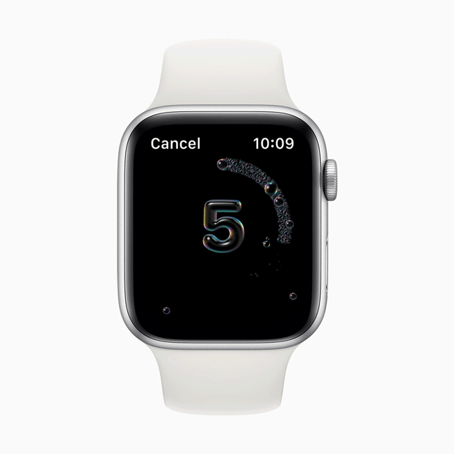 손 씻기 초 읽기가 표시된 Apple Watch Series 5의 GIF 이미지.