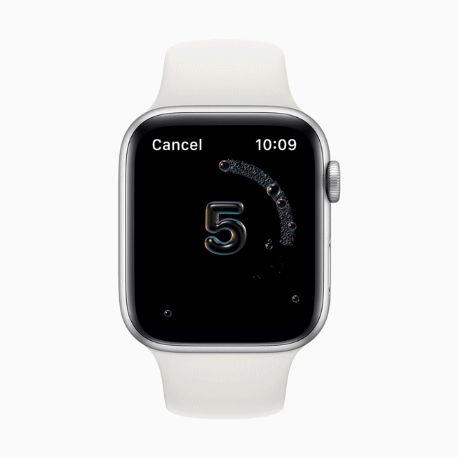 Se muestra un GIF del temporizador de lavado de manos en un Apple Watch Series 5.