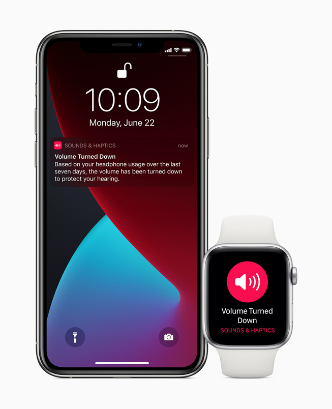 Alerta de volumen mostrada en iPhone 11 Pro y Apple Watch Series 5.