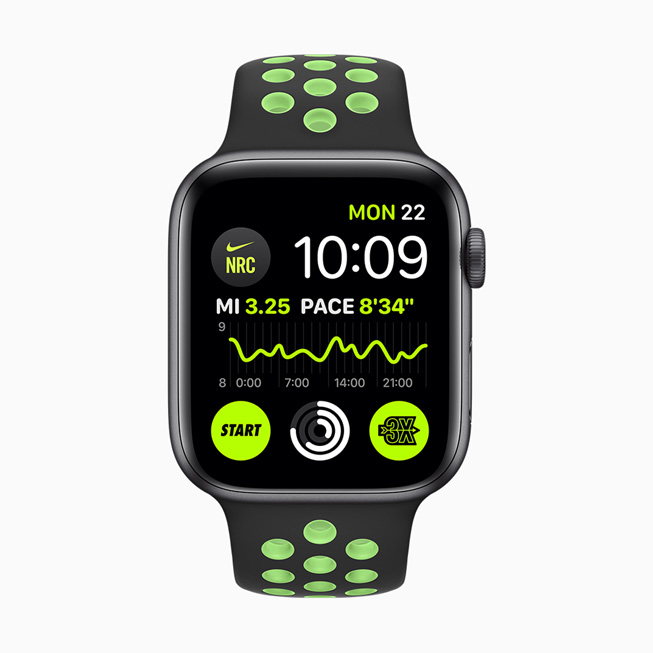 Nike Run Club komplikationer visas på Apple Watch Series 5.