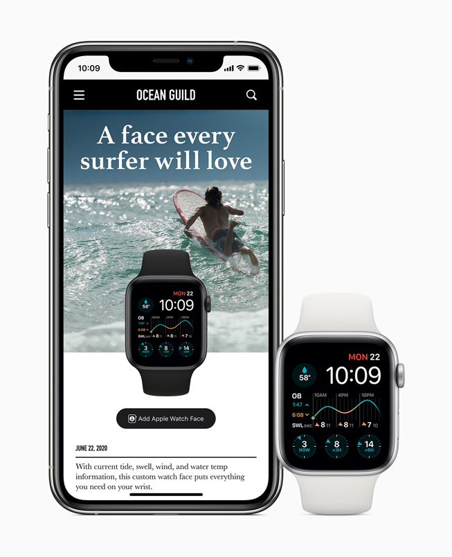 หน้าปัดนาฬิกาที่ปรับแต่งสำหรับการเล่นเซิร์ฟแชร์บน iPhone 11 Pro และแสดงบน Apple Watch Sries 5