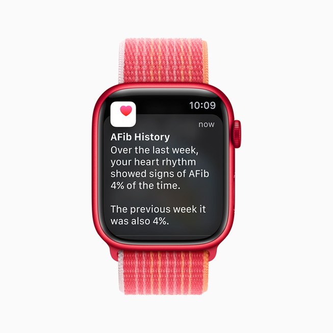 Apple Watch Series 8 shows the new AFib History feature, including the percentage of time the user showed signs of AFib over the last week, plus the percentage for the previous week.