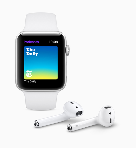 Apple Watch displaying the new Apple Podcasts app screen