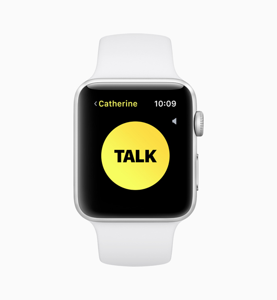 An Apple Watch displaying the new walkie-talkie feature screen with “Talk” button