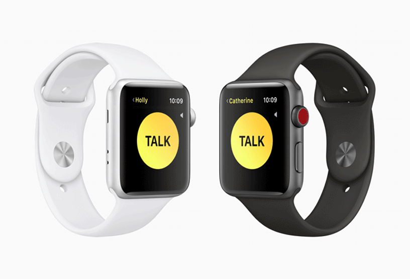 Two Apple Watches demonstrating the new Walkie-Talkie communication feature.