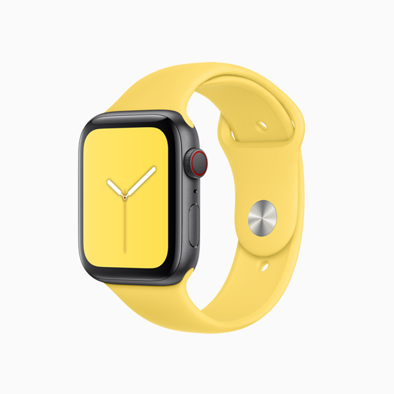 Apple Watch sports band in Canary Yellow.