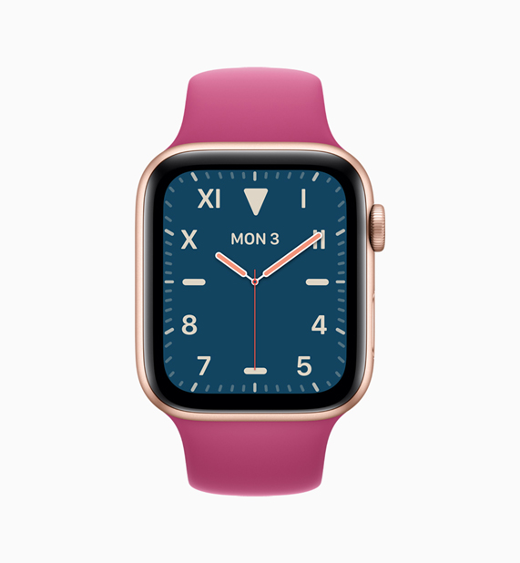 Apple Watch with pink band and blue watch face.