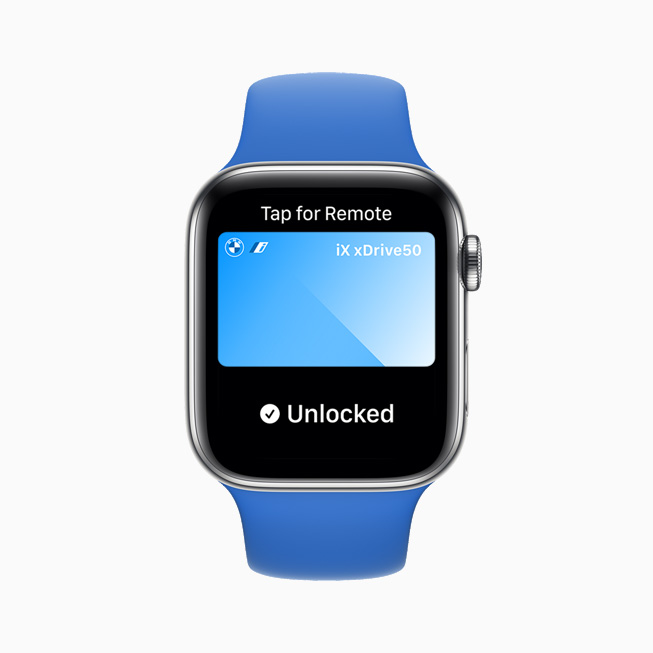 A vehicle is unlocked using a digital car key, displayed on Apple Watch Series 6.