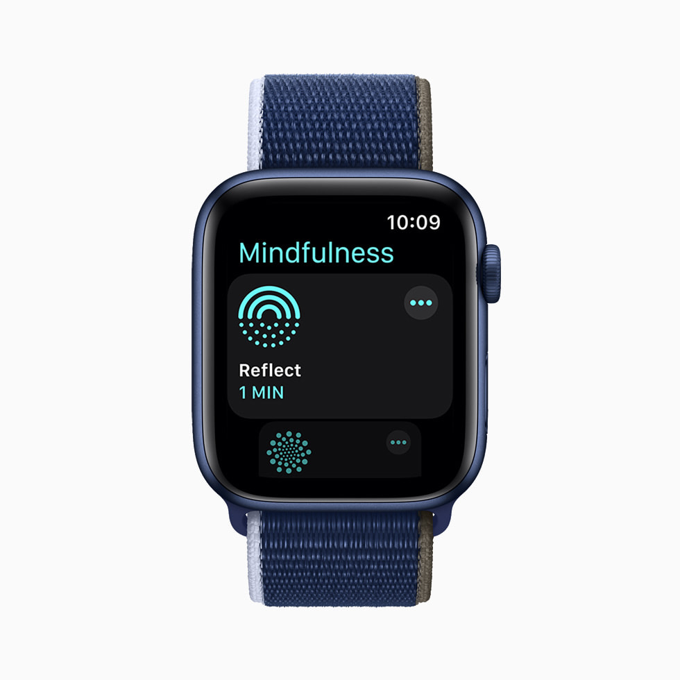 A Reflect session from the Mindfulness app, the Portraits watch face, and a digital house key stored in the Wallet app, each of which are displayed on separate Apple Watch Series 6 devices.