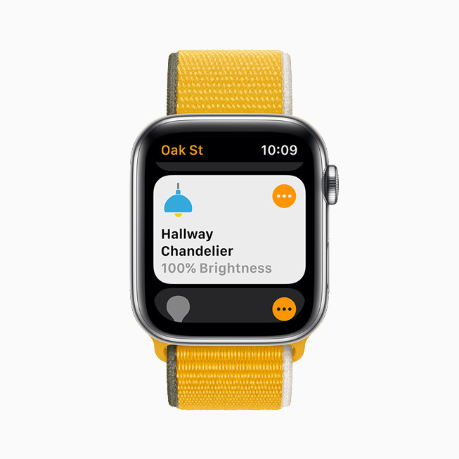 In de Woning-app op een Apple Watch Series 6 is het helderheidsniveau te zien voor een kroonluchter in de hal.