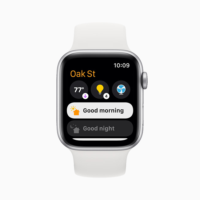 Multiple scenes and accessories, including weather and room lighting, are displayed on Apple Watch Series 6.