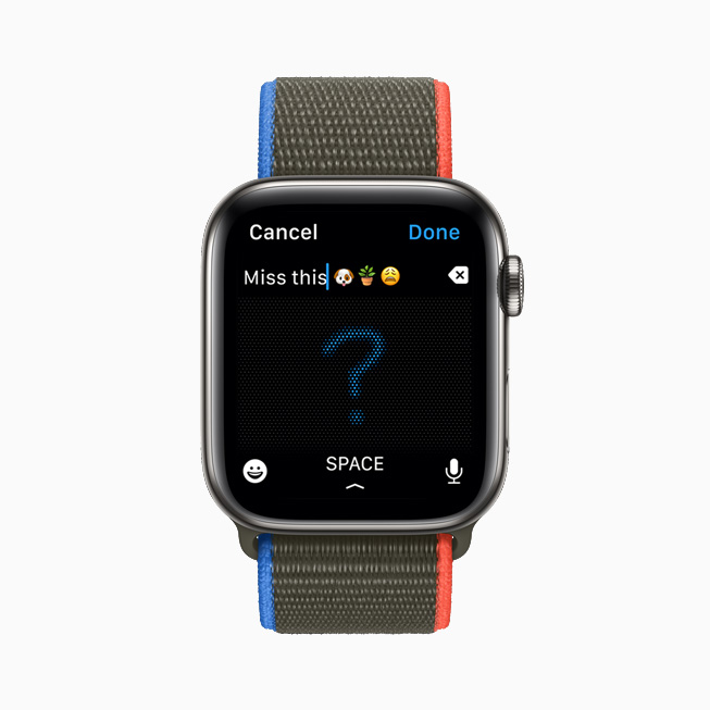 Ett svar skrivs ned med handskriftsverktyget i Meddelanden på Apple Watch Series 6.