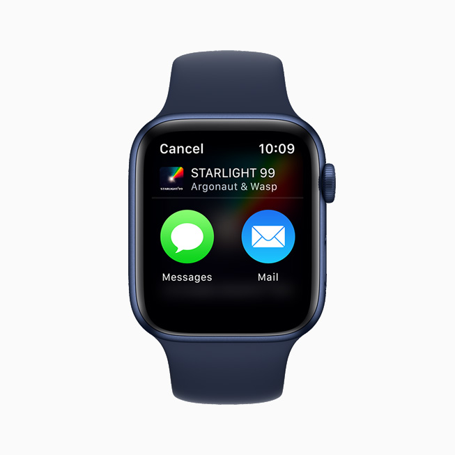 The option to share a song on the Music app using Messages or Mail is displayed on Apple Watch Series 6. 