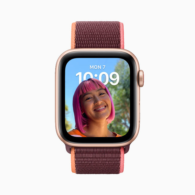 A Portraits watch face is displayed on Apple Watch Series 6.