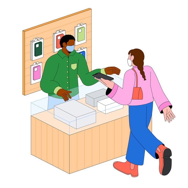 Illustration d’une femme, dans un Apple Store, qui s’informe en vue de faire réparer son iPhone.