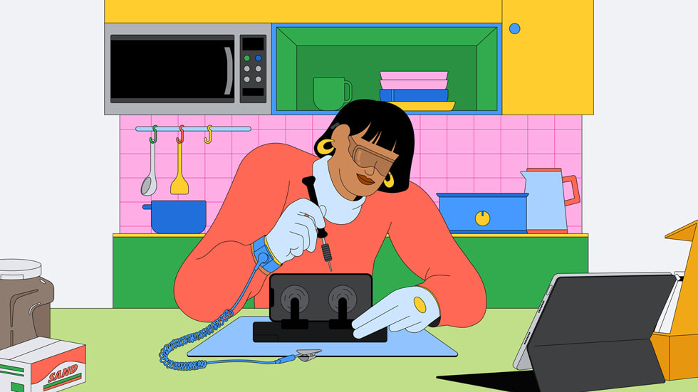 Illustration einer Frau, die ein iPhone repariert.<br>