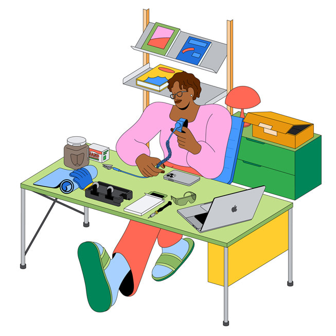 Illustration of a woman sitting on her desk using Apple’s Self Service Repair.