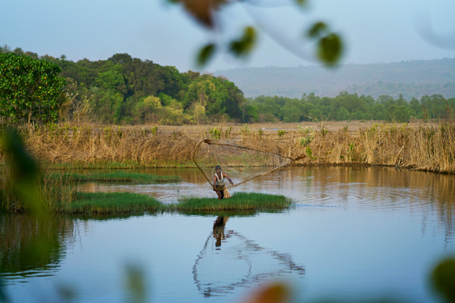 Tres personas navegan por un río rodeado de manglares de la región india de Maharashtra.