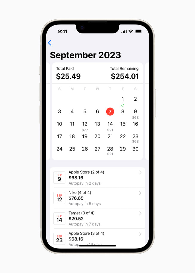 A calendar view in Wallet on iPhone 14 shows a user what is due for all of their loans over a 30-day period.