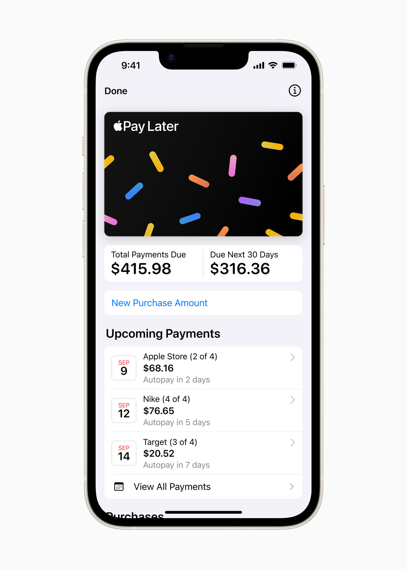 Apple pay later user interface with due and upcoming payments