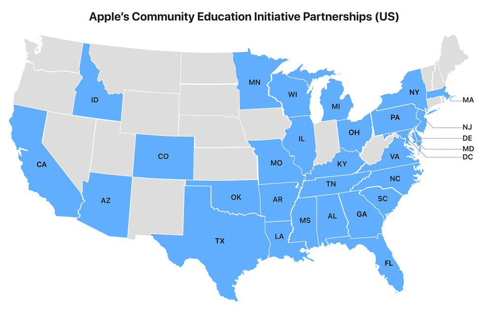 標有「Apple 的 Community Education Initiative Partnerships」的地圖突出顯示 Apple 合作夥伴所在的 29 個美國州份。