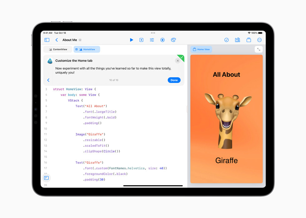 An iPad shows the SwiftUI About Me app.