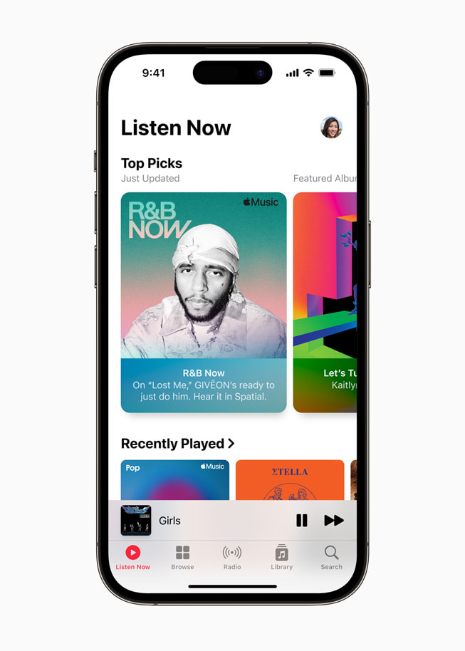 Apple Music-sektionen Lyssna nu på iPhone 14 Pro.